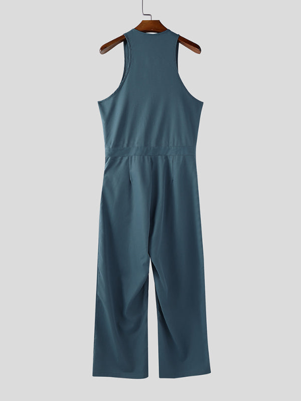 Men's Solid Color Casual Zip Sleeveless Jumpsuit SKUL24583