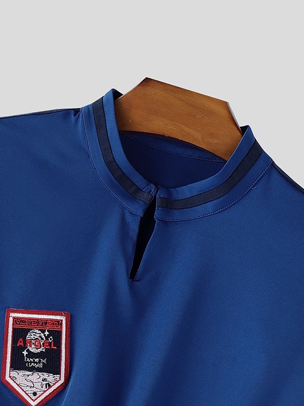 Men's Badge Patch Ruched Hem Short Sleeve Cropped T-shirt SKUL50071