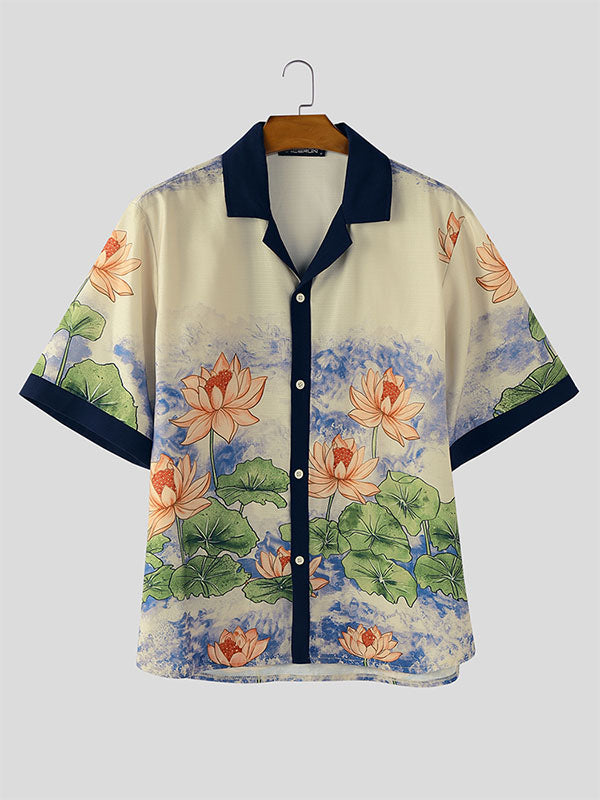 Men's Lotus Print Color Block Short Sleeve Shirt SKUL18779