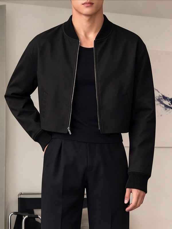 Men's Clean-Fit Minimalist Daily Commute Ribbed Stand Collar Zipper Boxy Jacket SKUL86037