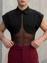 Men's Avant-Garde Sheer Mesh Splicing Cropped Bolero Overlay Lapel Sleeveless Shirt SKUL62963