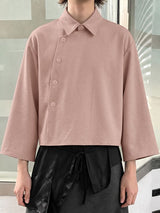 Men's Zen Minimalist Art Exhibition Asymmetric Side Button Lapel Cropped Shirt SKUL85533