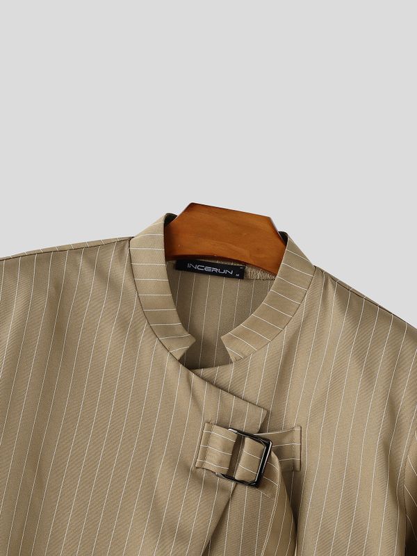 Men's Avant-Garde Pinstripe Stand Collar Asymmetrical Buckle Cropped Blazer SKUL77994