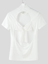 Men's Lace Bow Patchwork Open Back Short Sleeve T-Shirt SKUL37676