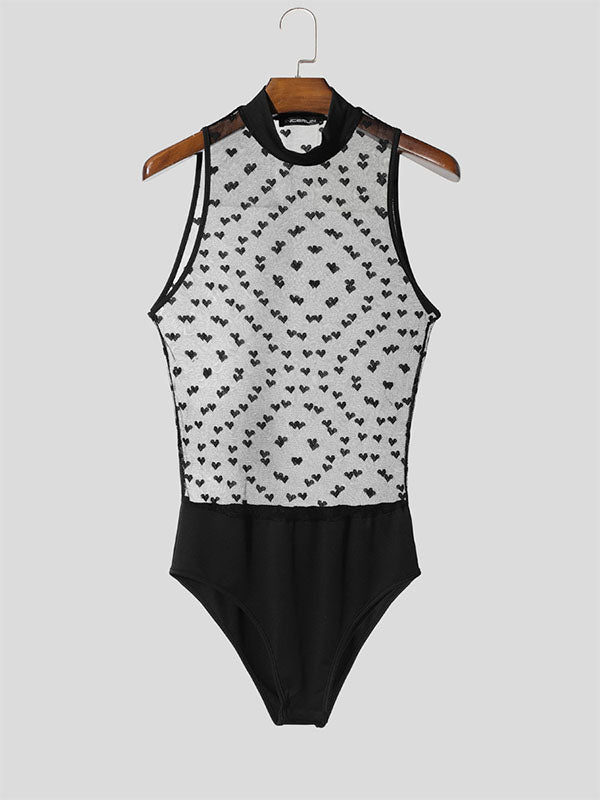 Mens Heart Print Sheer Mesh Bodysuit SKUL13903