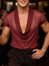 Men's Avant-Garde Sheer Deep Draped Cowl Neck Slim Fit T-shirt SKUL54626