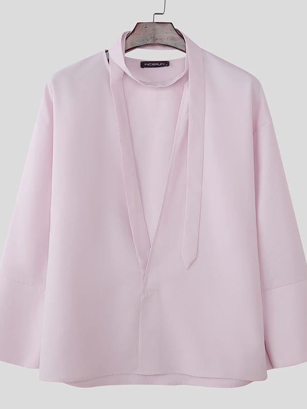 Men's Ribbon Deep V Neck Long Sleeve Shirt SKUL46568