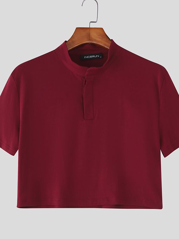 Men's Solid Color Stand Collar Cropped Short Sleeve T-shirt SKUL50078