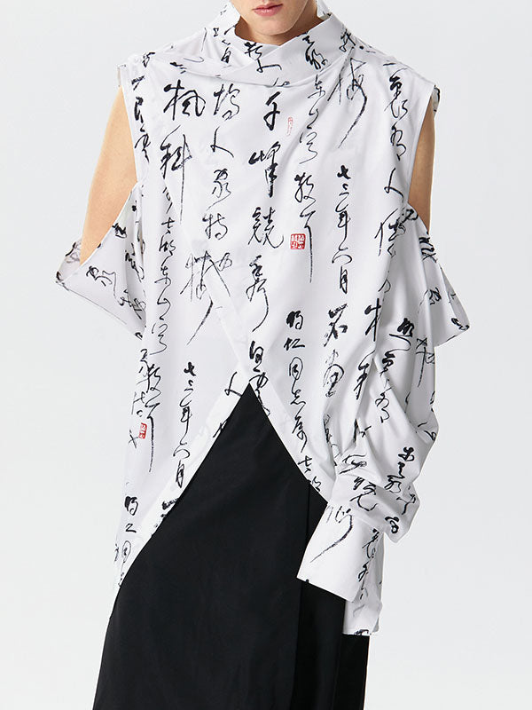 Mens Chinese Calligraphy Print Cutout Sleeve Shirt SKUK43010