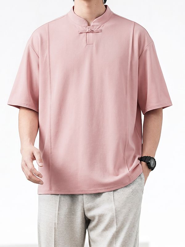 Men's Minimalist Casual Frog Button Stand Collar Short Sleeve Shirt SKUL62087