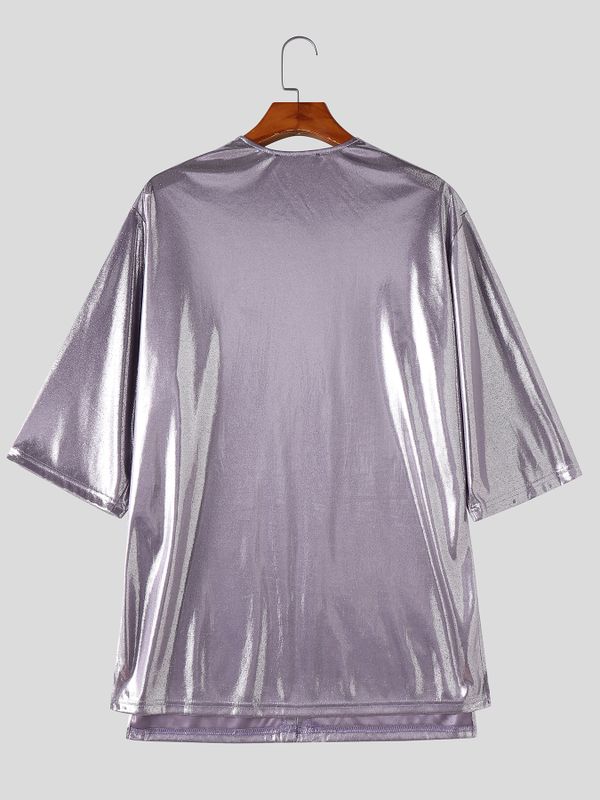 Men's Avant-Garde Liquid Metallic Gloss Front Tie Deep-V Deconstructed Cropped Kimono-Style Blazer SKUL63149