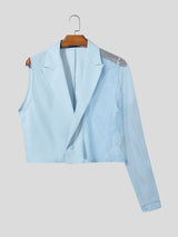 Men's Sheer Mesh Patchwork Asymmetric Sleeve Cropped Blazer SKUL56117