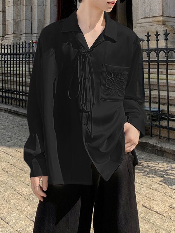 Men's Satin Embroidered Drawstring Loose Long Sleeve Shirt SKUL36381