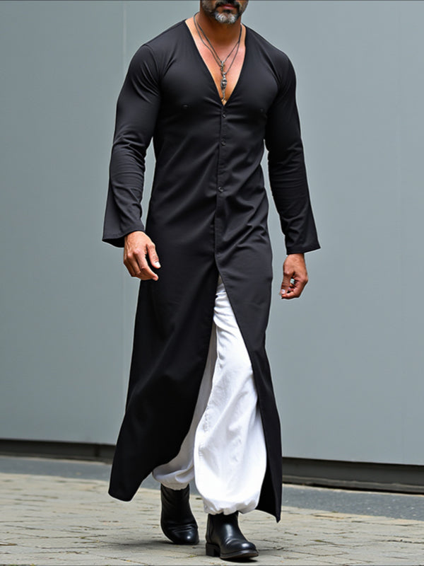 Men's Solid Color Long Hem Casual Long Sleeve Shirt SKUL31877