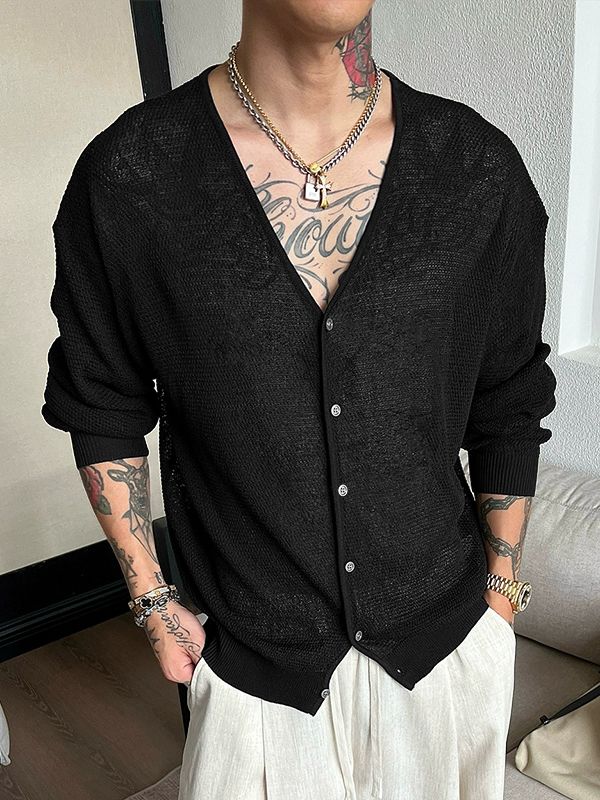 Men's Textured Knit V Neck Long Sleeve Cardigan SKUL33862