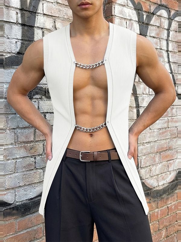Men's Metal Chain Closure Sleeveless Longline Cardigan SKUL56550