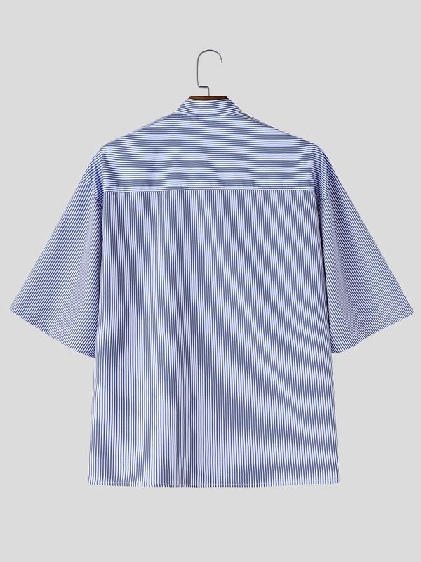 Men's Avant-Garde Asymmetrical Curved Contrast Placket Pinstripe Shirt SKUL64198