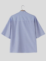 Men's Avant-Garde Asymmetrical Curved Contrast Placket Pinstripe Shirt SKUL64198