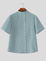 Men's Deconstructed Double Placket Button Short Sleeve Shirt SKUL59792