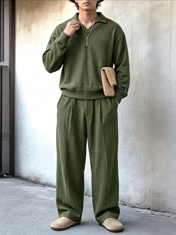 Men's High-Street Textured Polo Collar Two Pieces Outfit SKUL80488