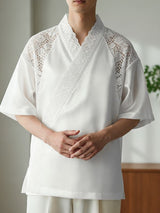 Men's Lace Sheer Shoulder Detail Cross-Collar Wrap Cardigan SKUL61195