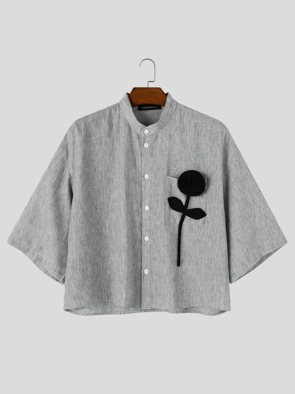 Men's Clean Fit Gallery 3D Floral Applique Chest Pocket Cropped Boxy Half Sleeve Stand Collar Shirt SKUL83946