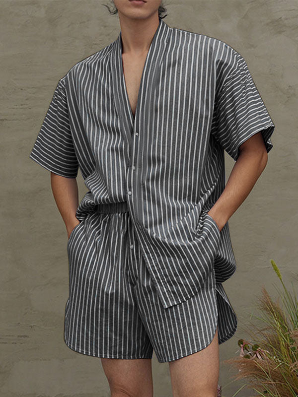 Mens Casual Striped Collarless Two Pieces Outfit SKUL08443