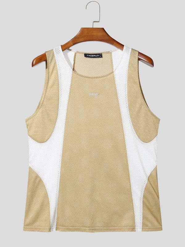 Men's Athletic Workout Contrast Color Breathable Mesh Crew Neck Fit Tank SKUL73593