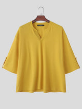 Men's Japanese Cityboy Ribbed Knit Texture Drop-Shoulder 3/4 Sleeve T-shirt SKUL74627