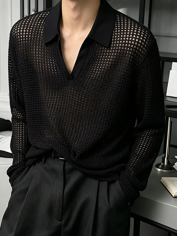 Men's Sexy Party See-Through Mesh Open Knit Long Sleeve Shirt SKUL79541