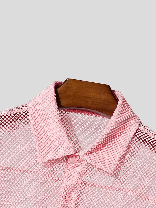 Men's High Street Resort Hollow Out Fishnet Sheer Turn Down Collar Long Sleeve Loose Shirt SKUL71405