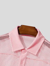 Men's High Street Resort Hollow Out Fishnet Sheer Turn Down Collar Long Sleeve Loose Shirt SKUL71405