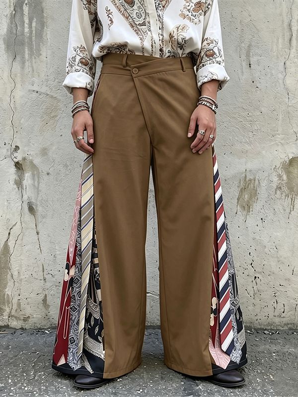 Men's Vintage Bohemian Asymmetrical Waist Side Patchwork Wide Leg Pant SKUL65081
