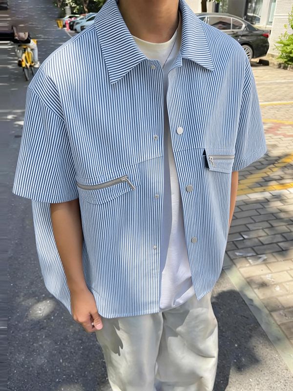 Men's Striped Utility Short Sleeve Shirt SKUL58657