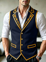 Men's Retro Party Gold Floral Embroidery Contrast Trim Sleeveless Lapel Collar Waistcoat SKUL76451