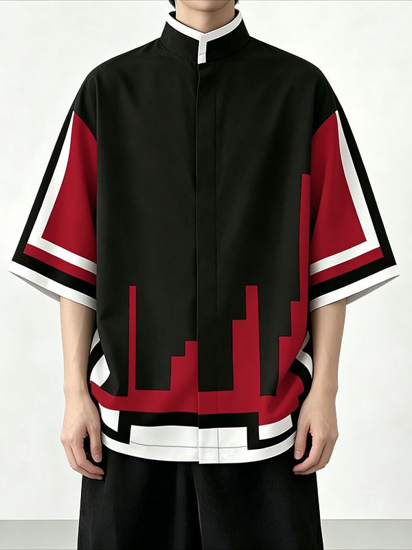 Men's Cyberpunk Pixel Geometric Block Contrast Stand Collar Short Sleeve Shirt SKUL61165