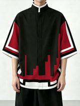 Men's Cyberpunk Pixel Geometric Block Contrast Stand Collar Short Sleeve Shirt SKUL61165