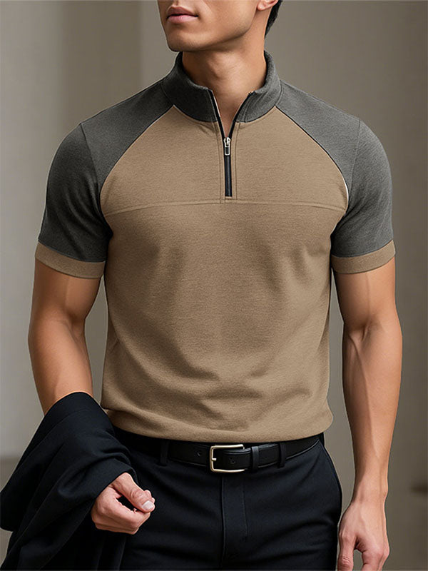 Men's Colorblock Half-Zip Stand Collar Short Sleeve T-Shirt SKUL25104