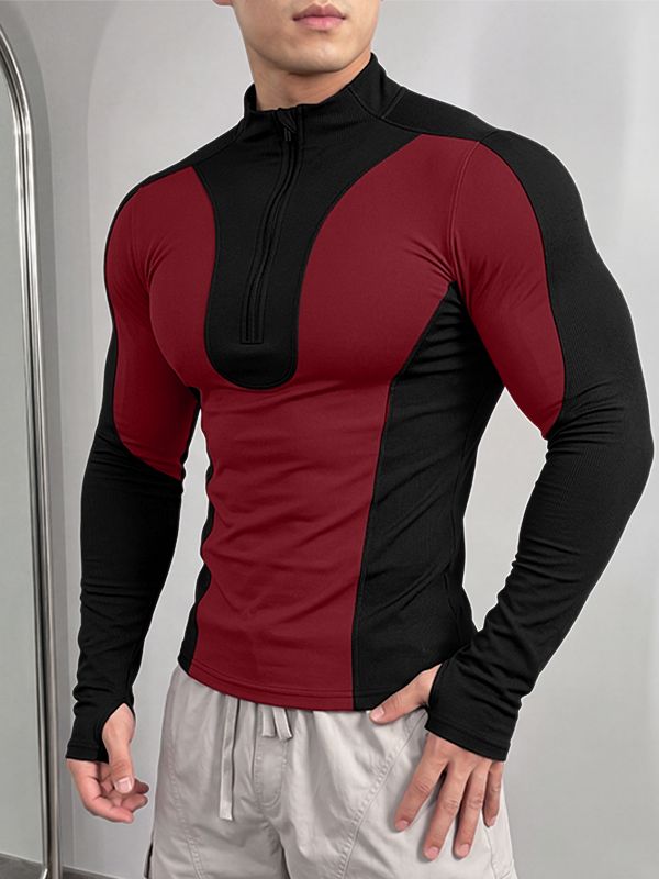 Men's Sporty Techwear Cross-Training Two-Tone Stand Collar Slim-Fit T-shirt SKUL84071