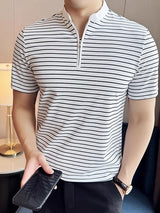 Mens Striped Knit Half-Zip Short Sleeve T-Shirt SKUK76110