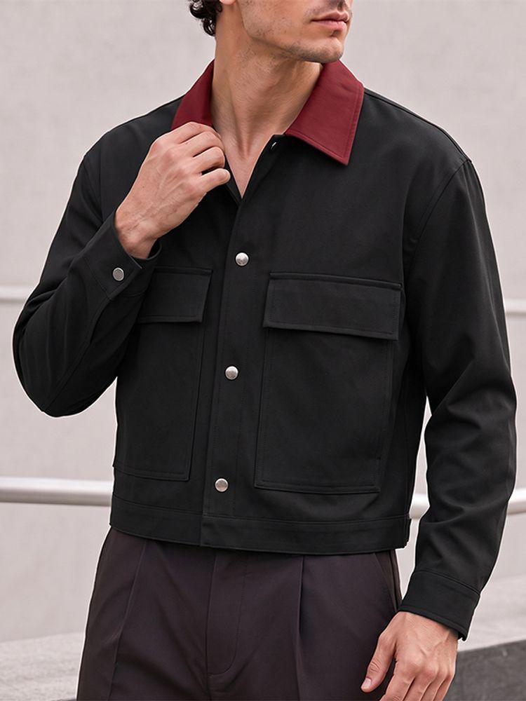 Men's Clean-Fit Casual Daily Commute Contrast Collar Dual Flap Pocket Cropped Jacket SKUL77322