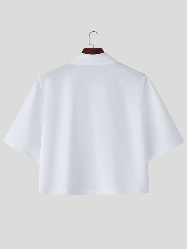 Mens Diamond Print Patchwork Cropped Short-Sleeve Shirt SKUL13692