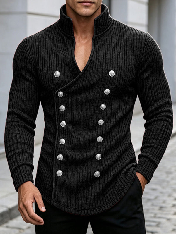 Men's Avant-Garde Early Autumn Military Button Cross Wrap Muscle Slim Long Sleeve Deep V-Neck Sweater SKUL80555