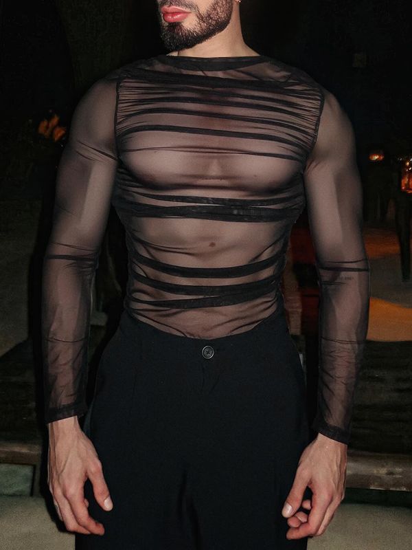 Men's Sheer Mesh Slim Fit Long Sleeve T-shirt SKUL51790