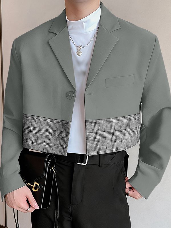 Men's Plaid Patchwork Cropped Long Sleeve Blazer SKUL51751