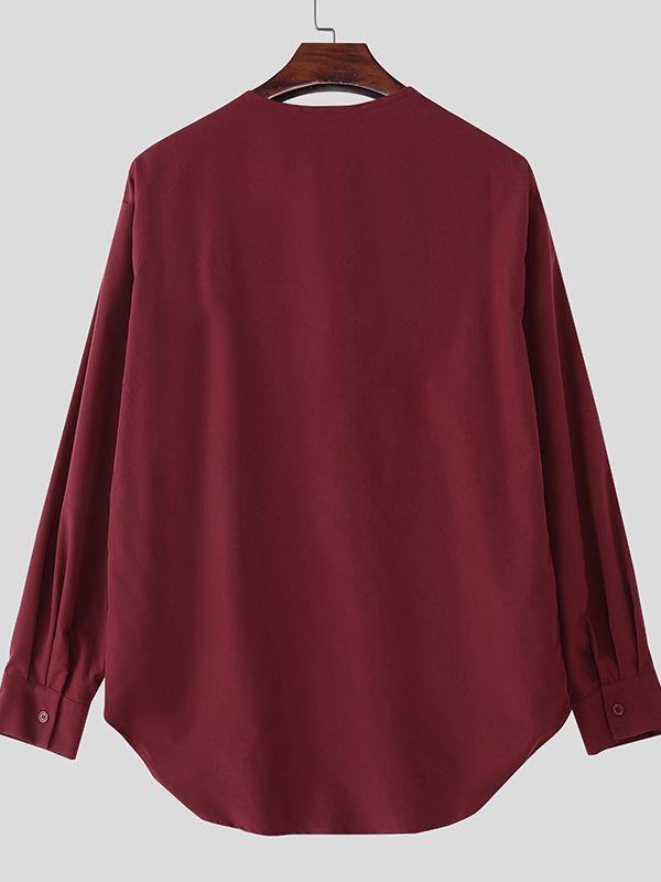 Men's Solid Color Draped Collar Design Long Sleeve Shirt SKUL36334