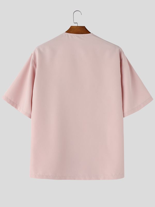 Men's Minimalist Button-Front Collarless Boxy Short Sleeve Shirt SKUL60145