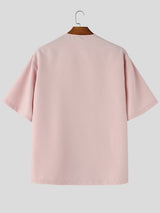 Men's Minimalist Button-Front Collarless Boxy Short Sleeve Shirt SKUL60145