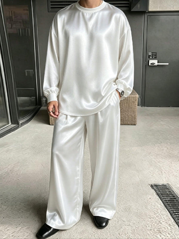 [Pre-order] Men's Smart Luxury Daily Lounging Glossy Satin Crewneck Two Pieces Outfit SKUL86940