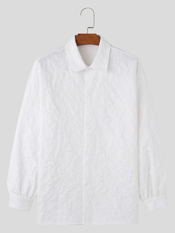 Mens Solid Color Embossed Embroidered Long Sleeve Shirt SKUK65470